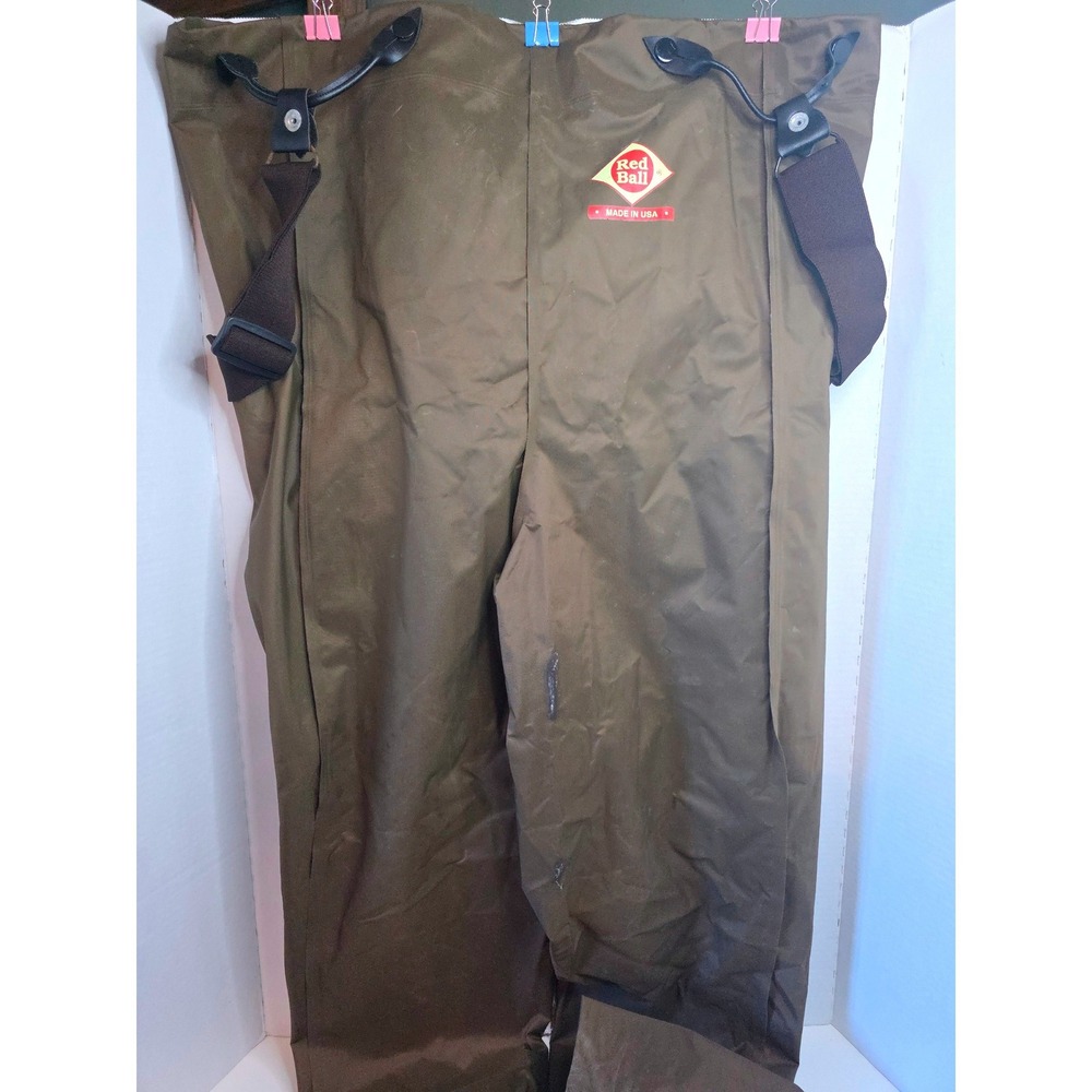 Vintage Red Ball Mens Chest Waders Fishing Bibs Olive Green Made in USA F0516 S